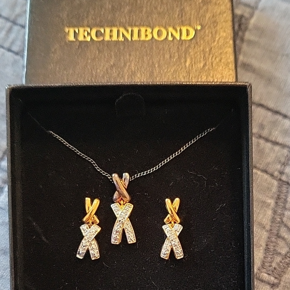 Technibond Gold Plated Over Silver X-Design Necklace & Earrings Set
